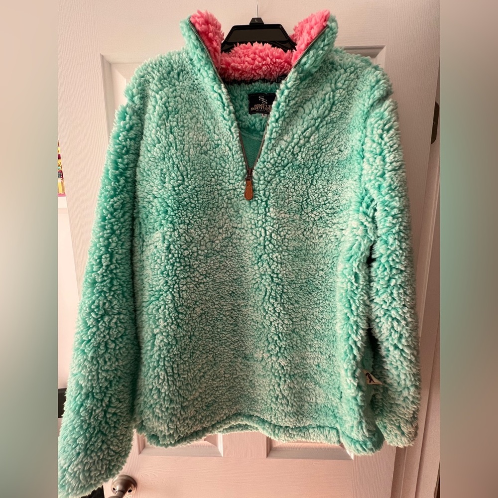 Simply Southern Women’s 1/4 Zip Sherpa Pullover Sweatshirt Teal Green